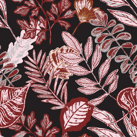 Seamless pattern with bright autumn leaves. Cute whimsical hand drawn fall foliage. Forest nature. Vector botanical textile design, wallpaper, print, wrapping paper.の写真素材