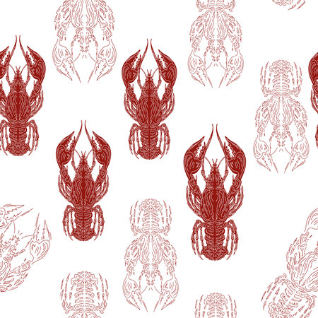 Seamless pattern with lobsters, made in hand sketch technique. Vintage tropical style with Mediterranean atmosphere. Ideal for textiles, wallpaper, packaging, design and decor.の写真素材
