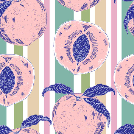 Peaches Seamless Pattern. A vintage hand-drawn illustration in a sketchy style with clean contour...