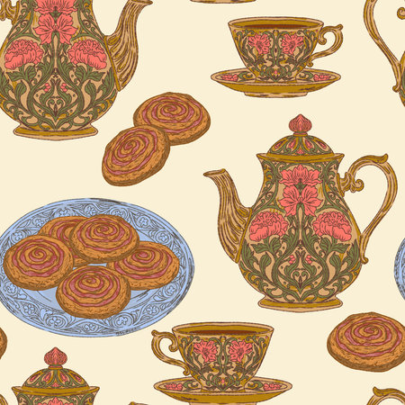 Cookies and Coffee Seamless Pattern. This vintage illustration is hand-drawn in a sketchy style with clean contour lines and bright, textured brushstrokes.の写真素材