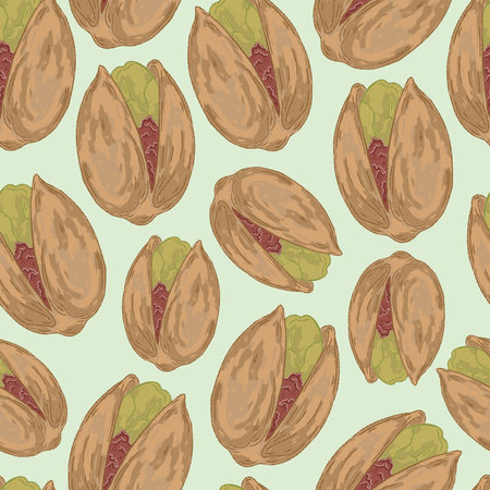 Pistachio Seamless Pattern. This vintage illustration is hand-drawn in a sketchy style with crisp contour lines and vibrant, textured brushstrokes.の写真素材