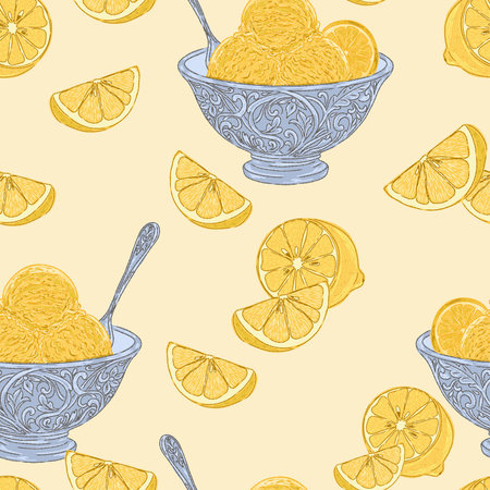 Lemon Ice Cream. Seamless Pattern. This vintage illustration is hand-drawn in a sketchy style with clean contour lines and bright, textured brushstrokes.の写真素材