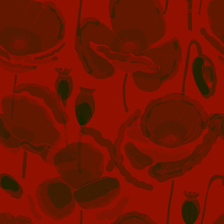 Poppy field, floral vector seamless pattern. Translucent flowers, delicate graceful design. Floral blooming pattern, backgroundの写真素材