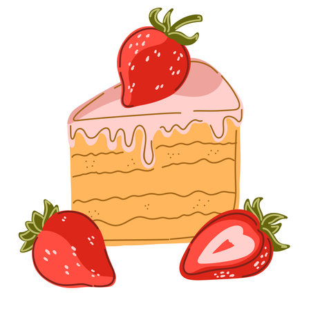 A slice of strawberry cake. A set of vintage hand-drawn illustrations. Cozy Mediterranean cartoon...