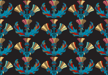 Thistle. Seamless floral pattern with stylized decorative flowers and leaves in folk art style....