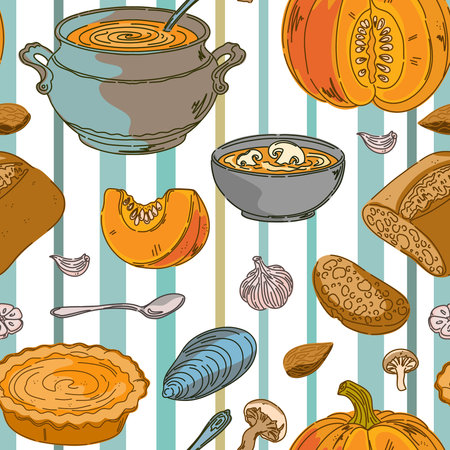 Seamless pattern, swatch, and background. Various vintage hand-drawn food illustrations. Cozy Mediterranean cartoon style. On a striped background.のイラスト素材
