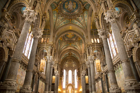 Lyon , France, October 2017 : Interior of Notre Dame de Fourviere basilica painting and detail