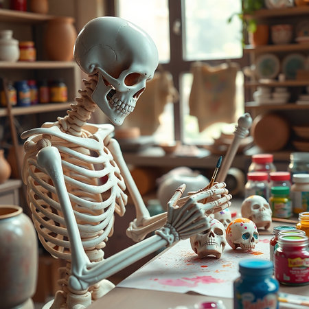Artificial human skeleton with paintbrush in pottery workshop, closeupの素材