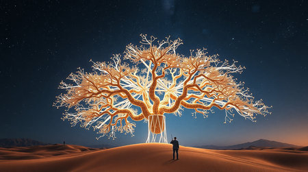 Conceptual image of man in desert with huge tree. Mixed mediaの素材