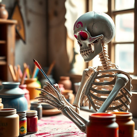 A skeleton figure is seated at a table surrounded by paint jars and brushes showcasing its artistic endeavor The skeleton is holding a paintbrush with attention to detail as it paints The studio is filled with various colors and the creative atmosphere is palpable The skull displays unique artistic embellishments adding to the overall creativity of the setting suggesting a whimsical blend of life and art The scene captures the essence of artistic expression with a touch of macabreの素材