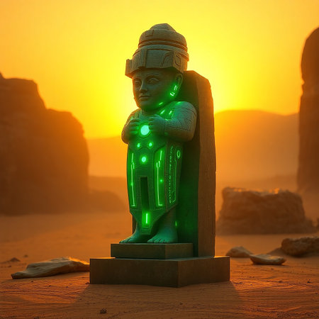A mesmerizing image featuring an ancient statue possibly alien in origin standing prominently in a desert environment The statue is adorned with intricate glowing green circuits that contrast sharply with the muted tones of the surrounding sand and rocks The composition is bathed in a warm golden light suggesting either sunrise or sunset which casts long shadows and enhances the otherworldly atmosphere The details on the statue suggest a high level of craftsmanship while the futuristic circuits hint at advanced technology and a forgotten civilization The scene evokes a sense of mystery and wonder inviting viewers to contemplate the intersection of the past and future The texture of the sand and stone provides a tactile contrast to the smooth illuminated circuits The statue is firmly planted on a pedestal raising it above the desert floor and further emphasizing its importance The landscape in the background is blurred and hazy lending a sense of depth and distance to the imageの素材