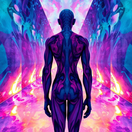 3D rendering of a male figure with an abstract background and neon lightの素材