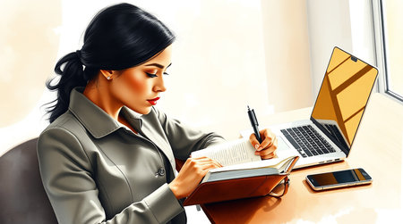 Young businesswoman sitting at office desk and writing in notebook. 3D rendering.の素材
