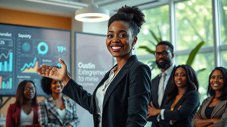 Portrait of smiling african american businesswoman with colleagues in backgroundの素材