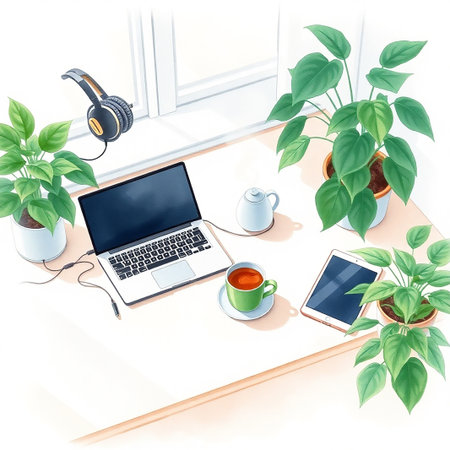 Working place with laptop, coffee cup, smartphone and plant. Vector illustration.の素材