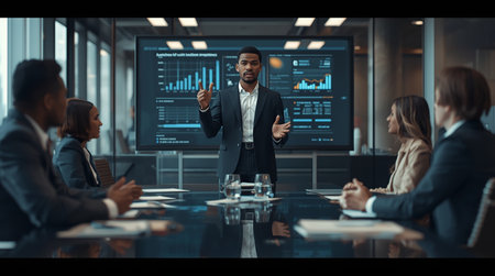 Handsome african american businessman giving thumbs up while standing in conference room with colleagues in backgroundの素材