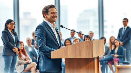 Portrait of confident businessman standing at podium and making speech during conferenceの素材