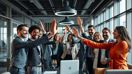 Group of happy business people giving high five to each other in officeの素材