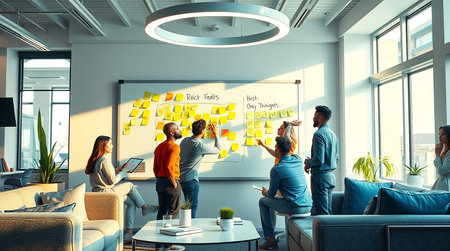 Business people working together in office with sticky notes on the wall.の素材