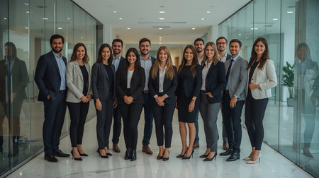 Group of business people standing in a row in a modern office.の素材