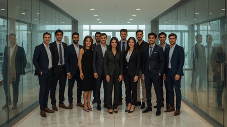 Group of business people standing in a row and smiling at the cameraの素材