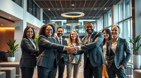 Cheerful business people shaking hands in office. Multiethnic group of businesspeople standing together in modern office.の素材