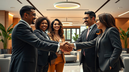 Successful business people shaking hands in office lobby. Successful business team concept.の素材