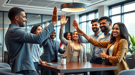 Group of happy multiethnic business people giving high five in officeの素材