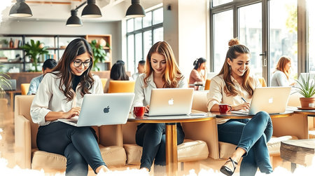 Group of young businesswomen using laptops while sitting in a cafe.の素材