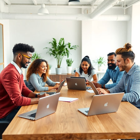 Teamwork in office. Group of young modern people in smart casual wear using laptops and tablets while sitting at the tableの素材