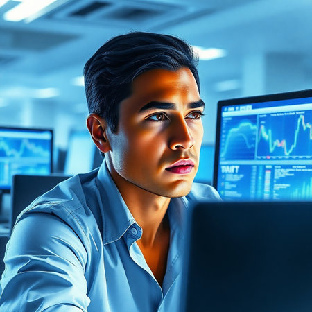 Young asian businessman looking at computer screen. Toned image.の素材