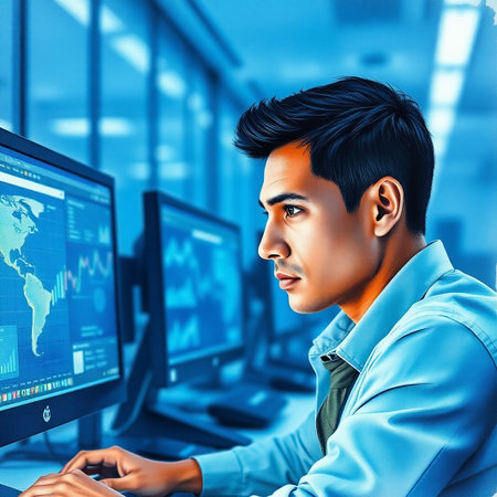 Portrait of a handsome asian man using computer in office.の素材