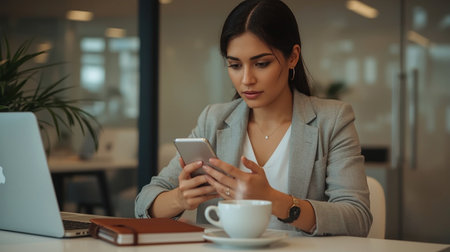 Young businesswoman using mobile phone while sitting at her working place in officeの素材