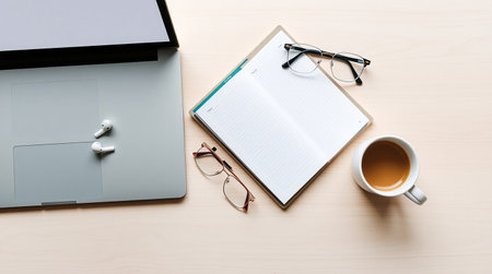 Office desk table with laptop, notepad, coffee cup and glassesの素材