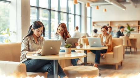 Young businesswoman using laptop while sitting in coffee shop with colleagues working in backgroundの素材