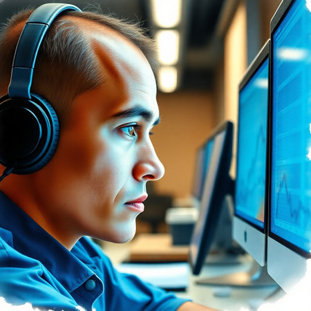 Young man in headphones works at the computer. 3d rendering.の素材