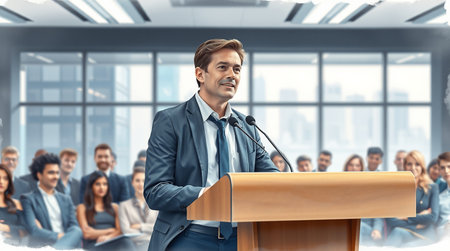 A professional man stands confidently at a podium giving a presentation at a business conference addressing a diverse audience A speaker in a well tailored suit commands attention as he delivers a speech The scene depicts a modern corporate setting with large windows showing city skylines The audience is attentive and engaged creating a sense of shared knowledge and enthusiasm Perfect for illustrating concepts of leadership public speaking corporate events and business success This image captures the essence of effective communication and professional environmentsの素材
