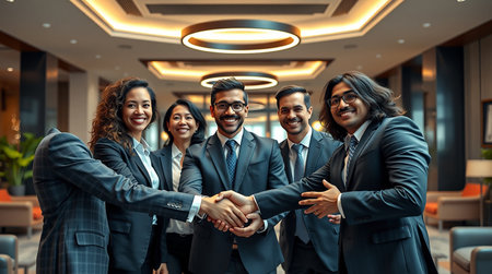 A group of diverse business professionals stand together in a modern office building with warm lighting They are all smiling and appear to be in good spirits creating a positive and collaborative atmosphere The group consists of men and women from a variety of ethnic backgrounds emphasizing diversity and inclusion in the workplace Two of the individuals are shaking hands symbolizing partnership and agreement The background features a well designed interior with stylish lighting and comfortable seating adding to the overall professional yet welcoming environmentの素材