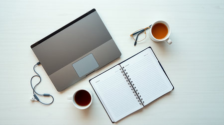 This overhead shot features a modern laptop an open planner notebook glasses and two cups of tea or coffee all arranged on a clean white wooden surface It is a perfect representation of the work from home lifestyle or studying at home The laptop is silver or gray and sleek The planner is open to blank pages ready to be filled The glasses are thin framed The tea cups are white This image evokes feelings of organization productivity and calmnessの素材