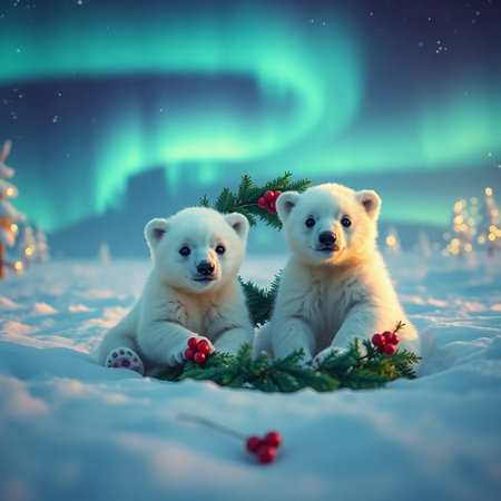 A heartwarming scene featuring two polar bear cubs sitting close together in a snowy landscape The cubs are surrounded by evergreen branches adorned with bright red berries adding a festive touch to the wintery setting In the background the enchanting aurora borealis paints the night sky with hues of green and blue creating a magical and peaceful atmosphere The soft lighting emphasizes the cubs fluffy white fur and the serene beauty of the Arctic wilderness evokes feelings of warmth and joy ideal for Christmas or winter themed projectsの素材