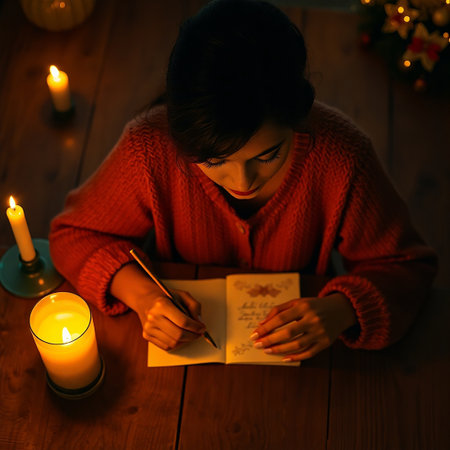 A young woman sits at a wooden table illuminated by the warm glow of candles as she writes a letter or journal entry She is wearing a red cardigan The soft lighting creates a cozy and intimate atmosphere Her focused expression suggests deep thought and reflection as she pours her thoughts onto the pages of the open book The surrounding decor adds to the inviting ambiance of the scene evoking feelings of peace and solitude The scene is perfect for illustrating themes of mindfulness journaling and cozy indoor activitiesの素材