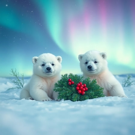 Two polar bears in the snow with a Christmas tree. Aurora borealis.の素材