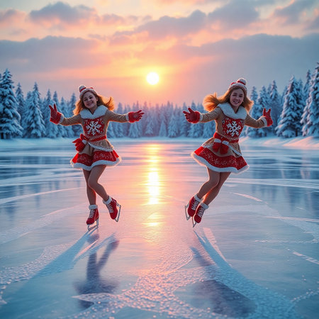 Two young girls are joyfully ice skating on a frozen lake surrounded by snow covered pine trees The girls are dressed in festive winter outfits with red and white accents The sun is setting creating a warm and golden glow that reflects on the icy surface Their poses exude happiness and excitement as they embrace the winter season The scene captures a sense of holiday cheer and the magic of winter activities in a picturesque landscape Perfect for illustrating winter holiday themes or family fun during the festive seasonの素材