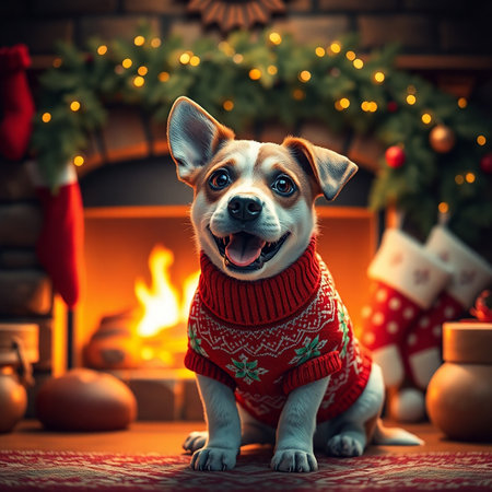 Cute dog in sweater near fireplace. Christmas and New Year concept.の素材