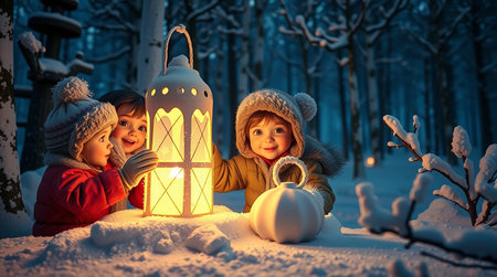 Two adorable little children, boys and girl, playing with lantern in snowy forest at Christmas timeの素材