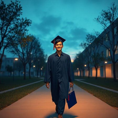 Young man in graduation cap and gown walking on the street at nightの素材