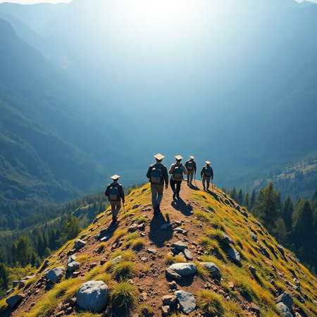 Group of tourists walking on the top of the mountain in the morningの素材