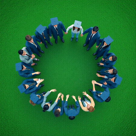 Top view of business people in circle on green background. Concept of teamwork.の素材