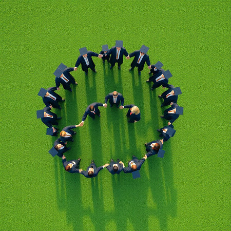 Top view of a group of business people forming a circle on green backgroundの素材