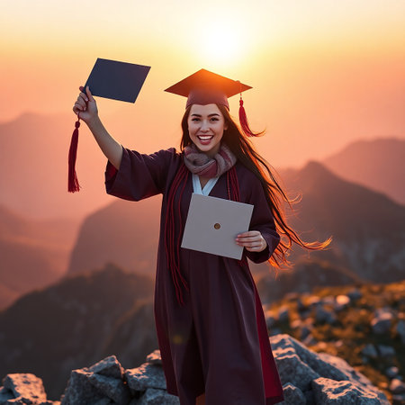 Smiling female graduate holding diploma while standing on the top of the mountainの素材